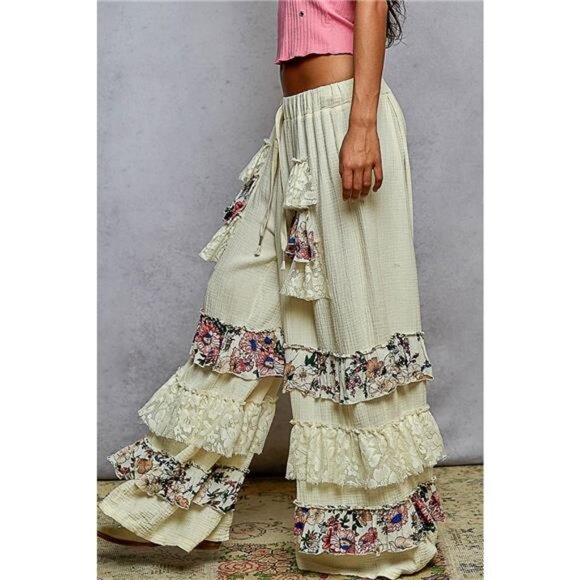 POL Drawstring Double Gauze Wide Leg Pants with Print and Lace Ruffle - Picture 2 of 5